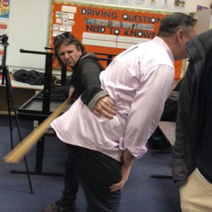 Stig Wemyss meting out justice to Steve Davis on the set of Is This Thing On