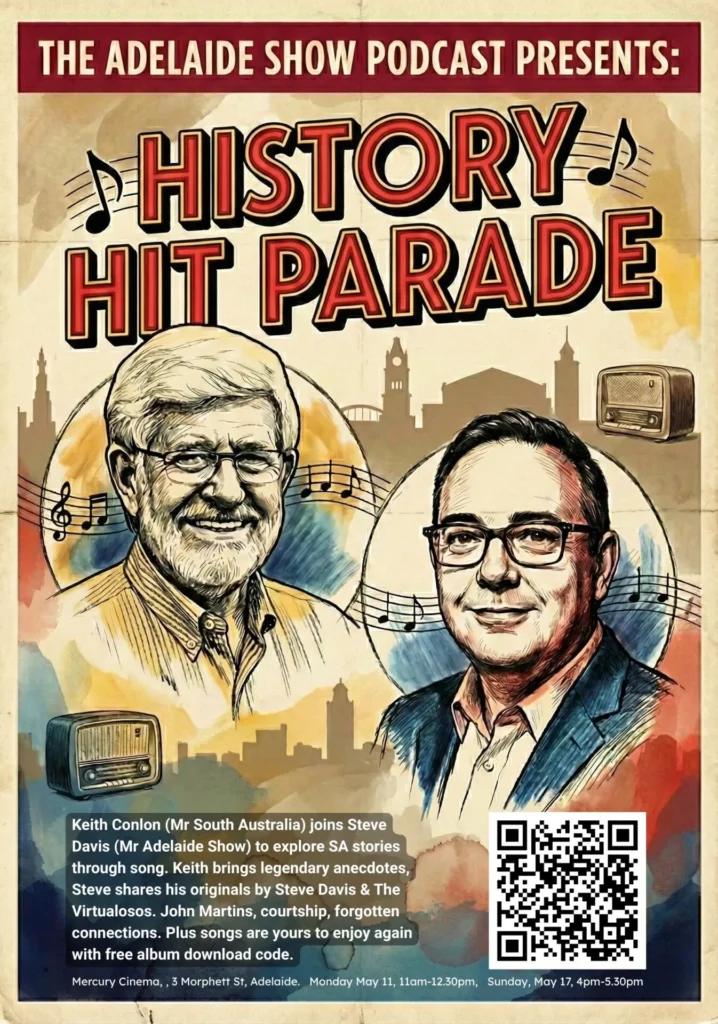 History Hit Parade for SA History Festival, May 2026. Steve Davis and Keith Conlon together on stage at the Mercury Cinema.